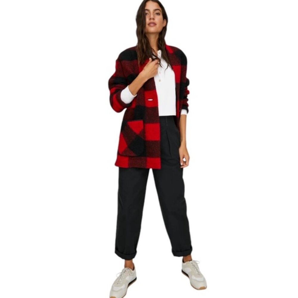 Aritzia Wilfred Free Off-Duty Wool Plaid Cocoon Jacket Fall Red/Black Shacket